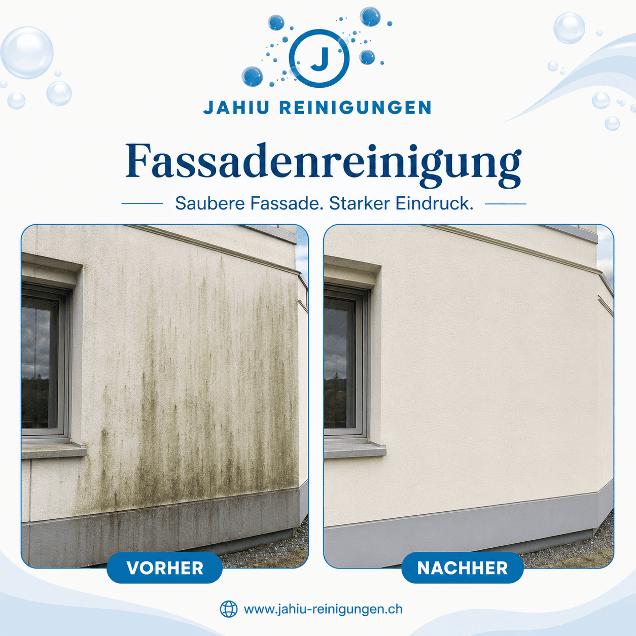 Vorher/Nachher Vergleich einer Fassadenreinigung von Jahiu Reinigungen GmbH