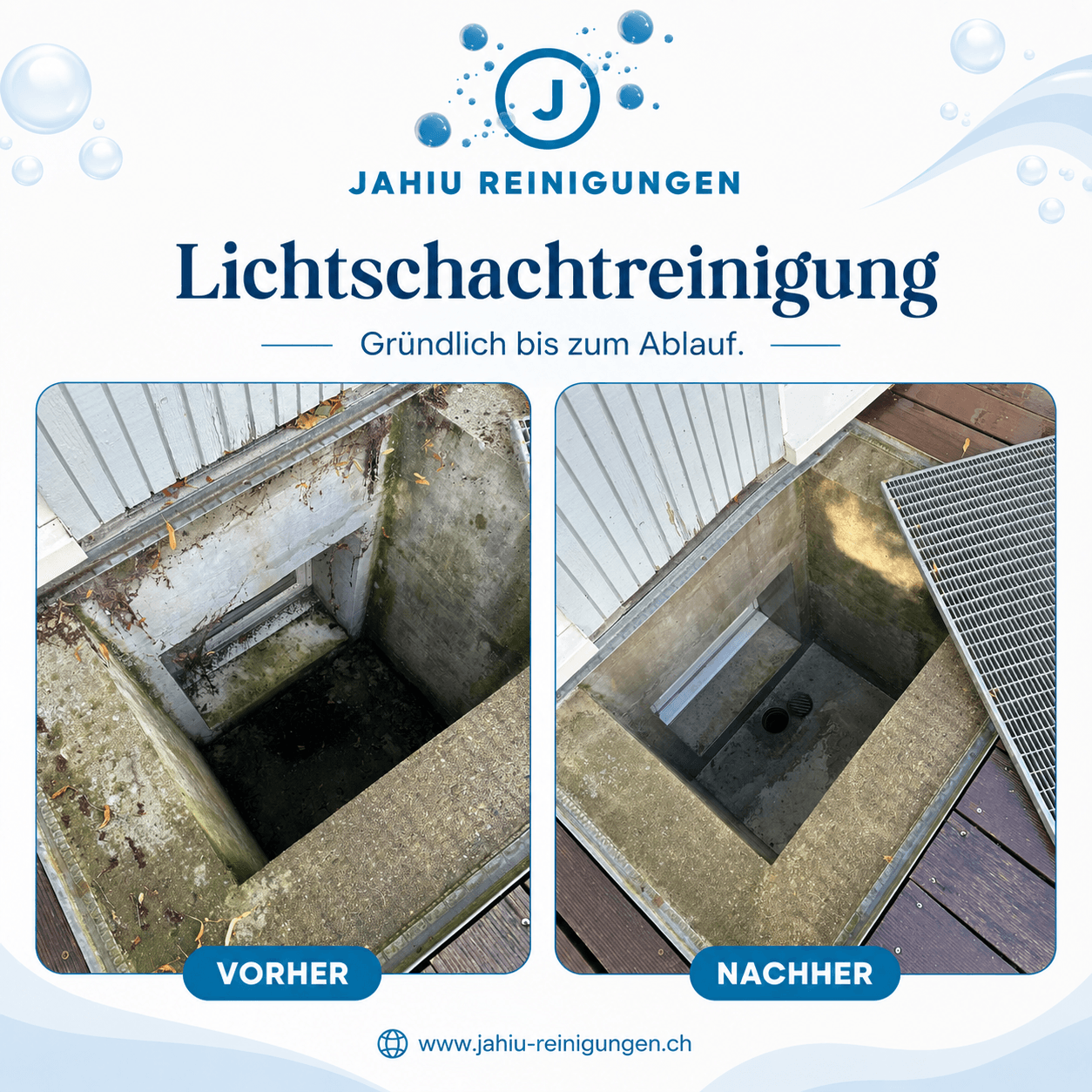 Vorher/Nachher Vergleich einer Lichtschachtreinigung von Jahiu Reinigungen GmbH