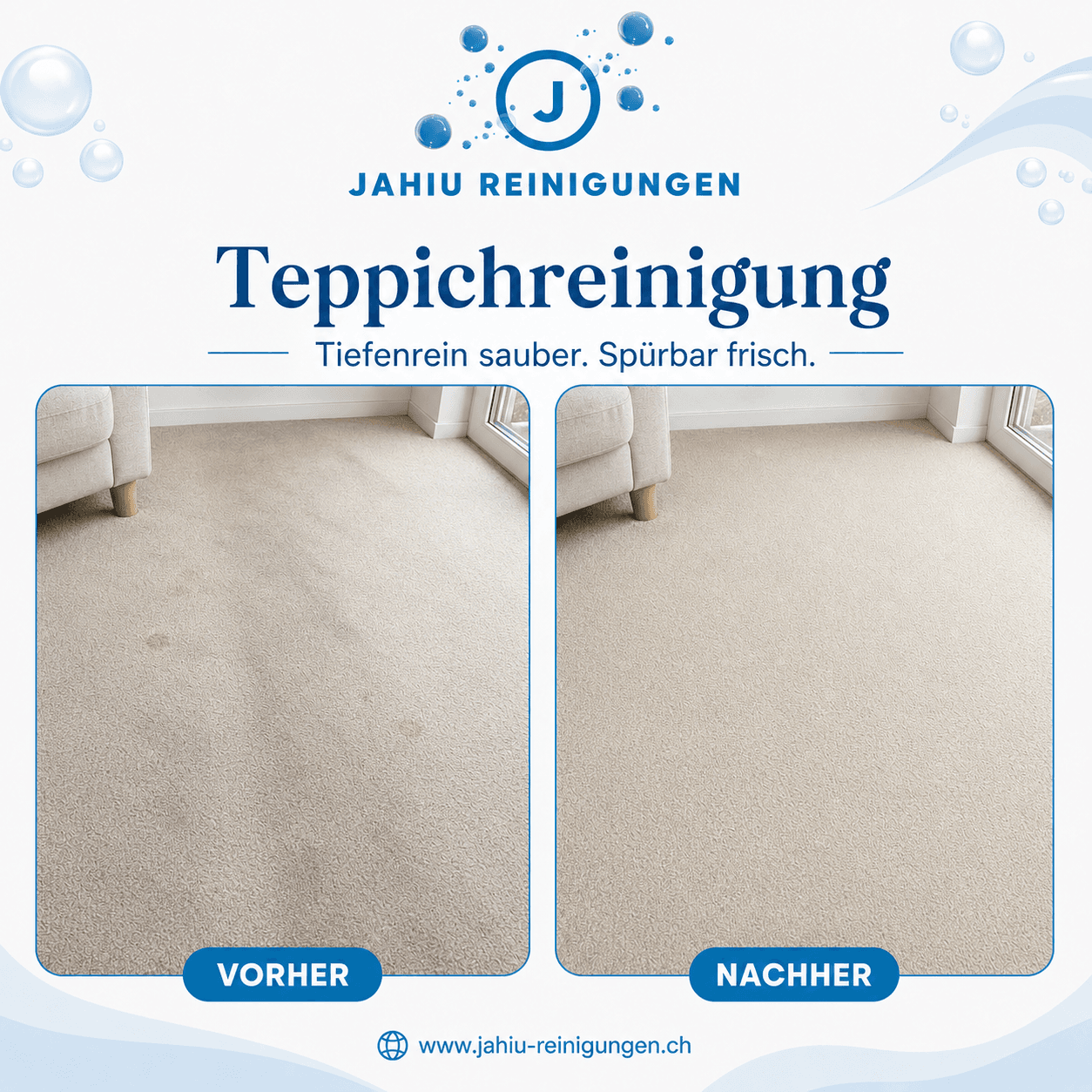 Vorher/Nachher Vergleich einer Teppichreinigung von Jahiu Reinigungen GmbH